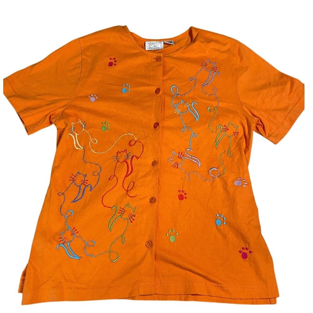 Vintage Tropico Orange Button-Front Shirt with Colorful Embroidered Cats Size M - Picture 1 of 4